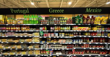 Foods of international origin are displayed on a store shelf as Canadian consumers double down on efforts to buy Canadian goods and boycott U.S. products, Toronto, Ontario, Canada, Sept. 9, 2026. (Reuters Photo)