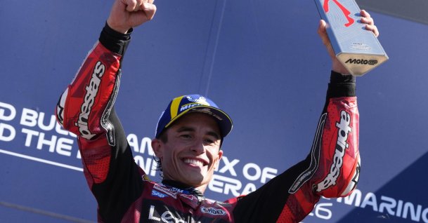 Ducati rider Marc Marquez celebrates winning the MotoGP San Marino Grand Prix in Misano Adriatico, Italy, Sept. 13, 2026. (EPA Photo)