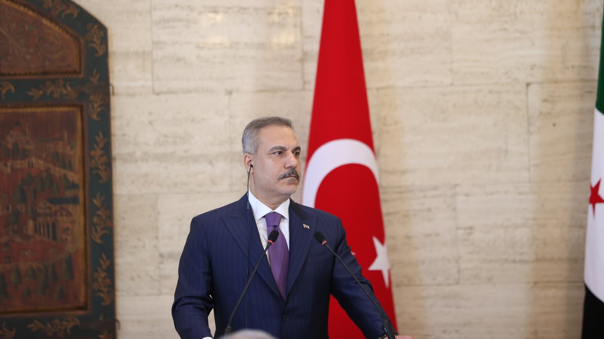 Foreign Minister Hakan Fidan hold a joint news conference following a meeting with Syrian Foreign Minister Asaad Hassan al-Shaibani, Damascus, Syria, Sept. 13, 2026. (AA Photo)