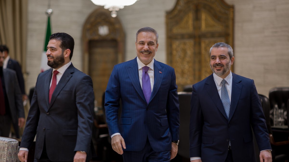 Foreign Minister Hakan Fidan holds a trilateral meeting with Syrian Foreign Minister Asaad Hassan al-Shaibani and Interior Minister Anas Khattab during his visit to Damascus, Syria, Sept. 13, 2026. (AA Photo)