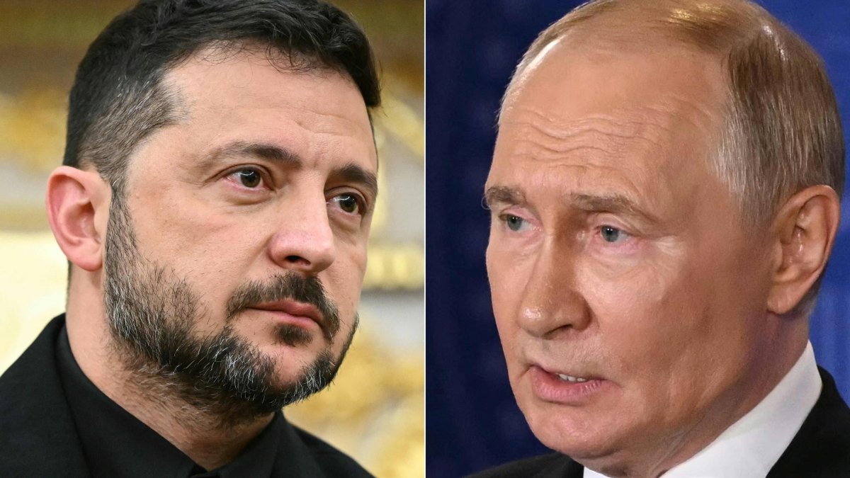 This combination of pictures created on Aug. 18, 2025 shows Ukrainian President Volodymyr Zelenskyy in Washington, D.C., and Russian President Vladimir Putin in Anchorage, Alaska. (AFP File Photo)