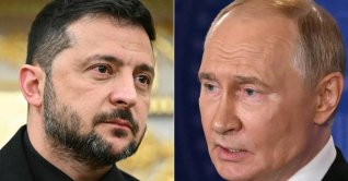 This combination of pictures created on Aug. 18, 2025 shows Ukrainian President Volodymyr Zelenskyy in Washington, D.C., and Russian President Vladimir Putin in Anchorage, Alaska. (AFP File Photo)