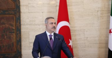Foreign Minister Hakan Fidan hold a joint news conference following a meeting with Syrian Foreign Minister Asaad Hassan al-Shaibani, Damascus, Syria, Sept. 13, 2026. (AA Photo)