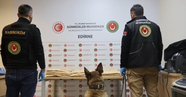 Security teams display 50.5 kilograms of synthetic drugs seized at Kapıkule Border Gate, Edirne, Türkiye, Sept. 12, 2026. (AA Photo)