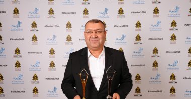 Mustafa Yüce, general manager of Digital Publications at Turkuvaz Media, holds the Stevie Awards, Istanbul, Türkiye, Sept. 11, 2026. (AA Photo)