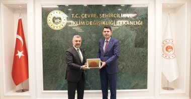 Murat Kurum (R), minister of environment, urbanization and climate change, receives Türk Telekom CEO Ebubekir Şahin in Ankara, Türkiye, Sept. 14, 2026. (DHA Photo)