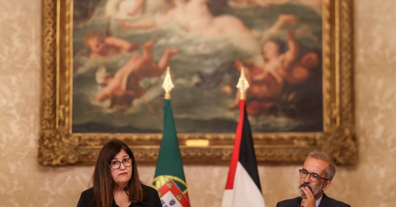 Portuguese Foreign Affairs Minister Paulo Rangel and Palestinian Foreign Minister Varsen Aghabekian Shahin deliver a speech after their meeting at Necessidades Palace in Lisbon, Sept.14, 2026. (AFP Photo)