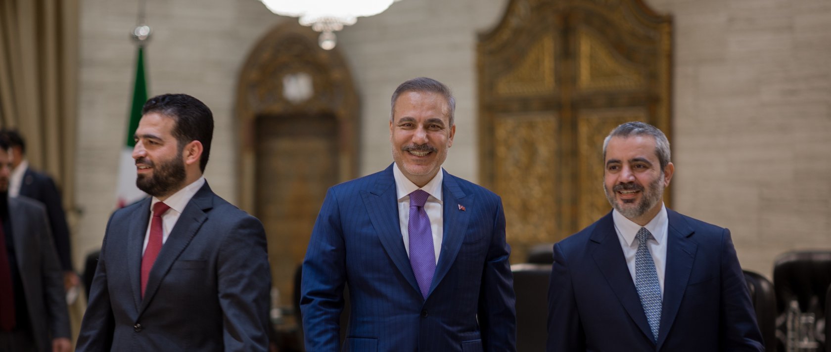 Foreign Minister Hakan Fidan holds a trilateral meeting with Syrian Foreign Minister Asaad Hassan al-Shaibani and Interior Minister Anas Khattab during his visit to Damascus, Syria, Sept. 13, 2026. (AA Photo)