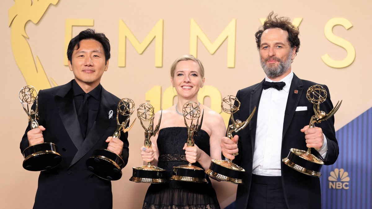 Hiro Murai, Katie Dippold and Matthew Rhys, winners of the Outstanding Directing for a Comedy Series, Outstanding Writing for a Comedy Series, Outstanding Lead Actor in a Comedy Series and Outstanding Comedy Series Awards for "Widow's Bay," at the 78th Primetime Emmy Awards, Los Angeles, U.S., Sept. 14, 2026. (AFP Photo)