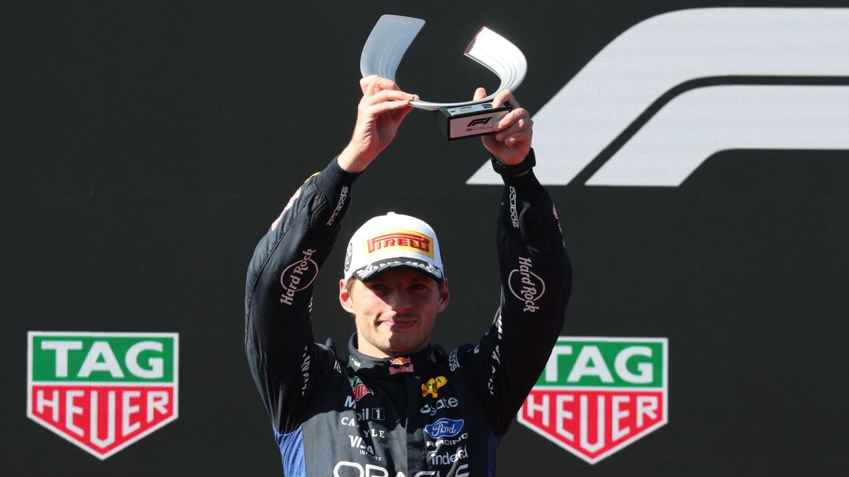 Second-placed Red Bull Racing driver Max Verstappen celebrates on the podium after the Spanish Formula One Grand Prix at the Madrid circuit, Madrid, Spain, Sept. 13, 2026. (AFP Photo)
