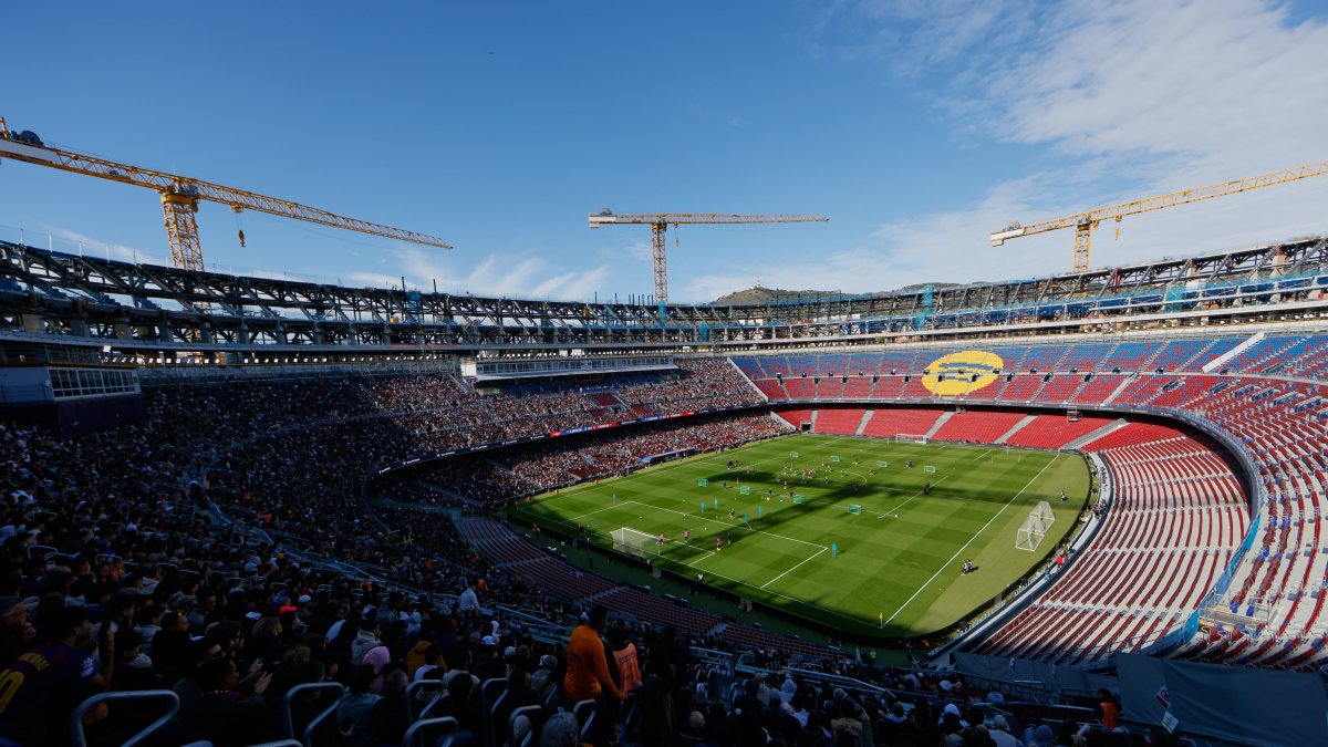 A general view of the Camp Nou stadium during the team's first training session at the venue after its renovation, Barcelona, Spain, Nov. 7, 2025. (AP Photo)