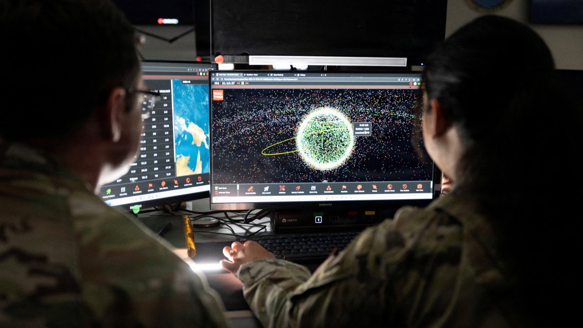U.S. Space Force Guardians assigned to Space Delta 5 monitor computer workstations at Vandenberg Space Force Base, California, U.S., Dec. 18, 2025. (Reuters Photo)