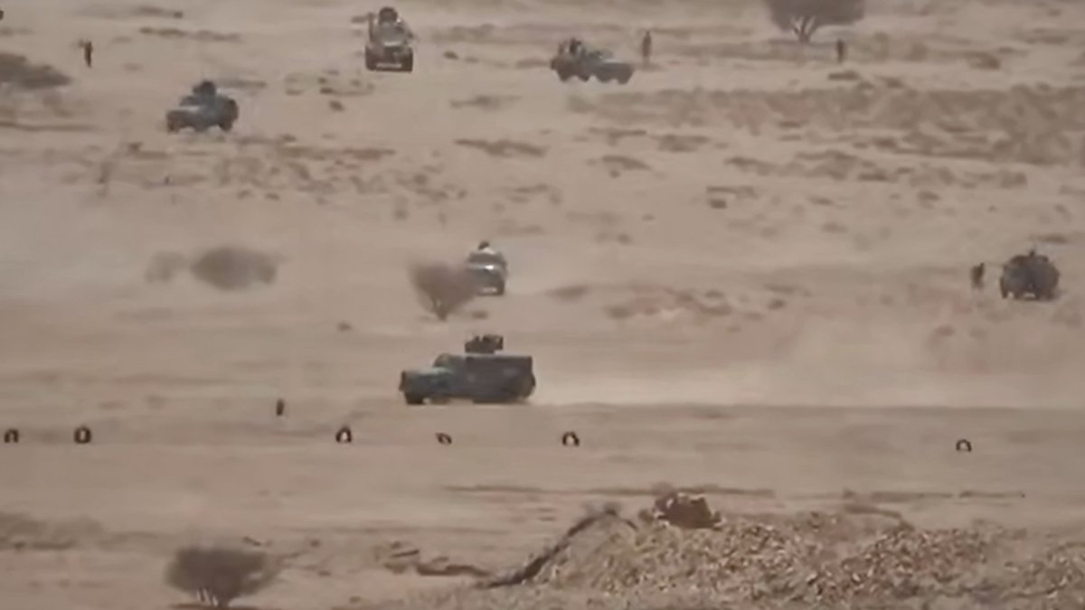 Vehicles belonging to Saudi-backed forces being attacked by Houthi fighters in the desert of eastern Jawf, Yemen, Sept. 15, 2026. (Ansar Allah Media Office via AP)