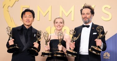 Hiro Murai, Katie Dippold and Matthew Rhys, winners of the Outstanding Directing for a Comedy Series, Outstanding Writing for a Comedy Series, Outstanding Lead Actor in a Comedy Series and Outstanding Comedy Series Awards for "Widow's Bay," at the 78th Primetime Emmy Awards, Los Angeles, U.S., Sept. 14, 2026. (AFP Photo)