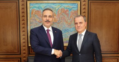 Foreign Minister Hakan Fidan (L) shakes hands with Azerbaijani Foreign Minister Jeyhun Bayramov, Baku, Azerbaijan, Sept. 15, 2026. (AA Photo)