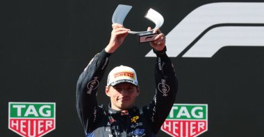 Second-placed Red Bull Racing driver Max Verstappen celebrates on the podium after the Spanish Formula One Grand Prix at the Madrid circuit, Madrid, Spain, Sept. 13, 2026. (AFP Photo)