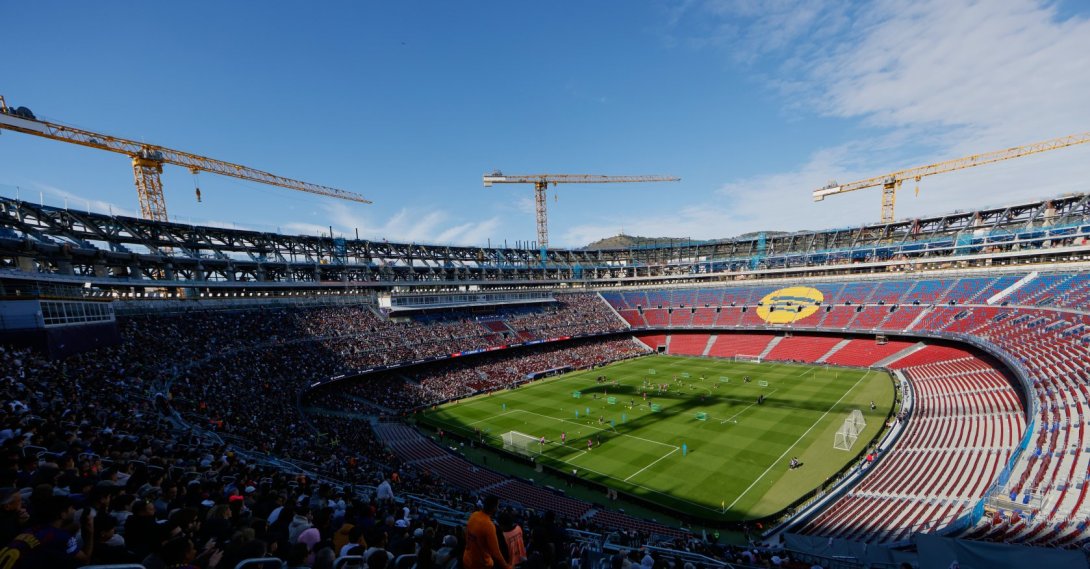 A general view of the Camp Nou stadium during the team's first training session at the venue after its renovation, Barcelona, Spain, Nov. 7, 2025. (AP Photo)