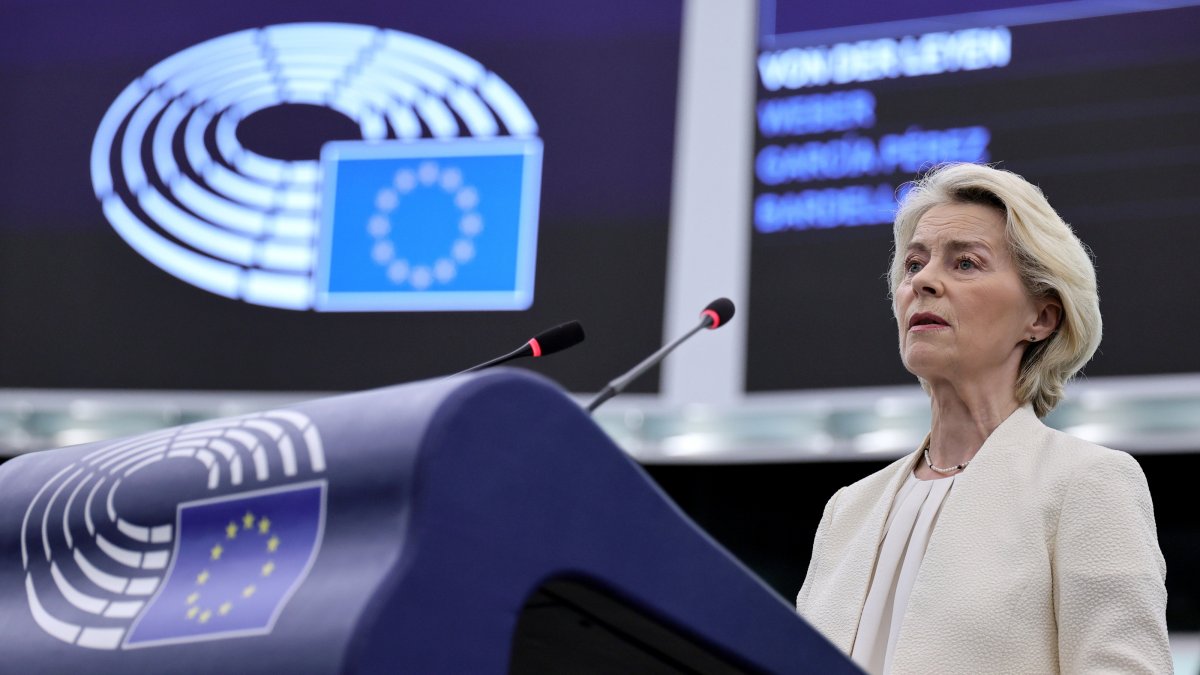 European Commission President Ursula von der Leyen speaks during a debate on 'State of the Union' at the European Parliament in Strasbourg, France, Sept. 16, 2026. (EPA Photo)