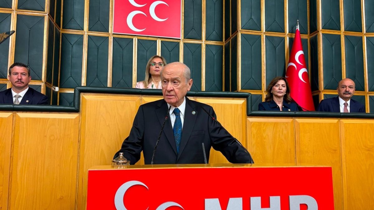 An undated photo of Devlet Bahçeli addressing the parliamentary group meeting of the Nationalist Movement Party (MHP), Ankara, Türkiye. (DHA Photo)