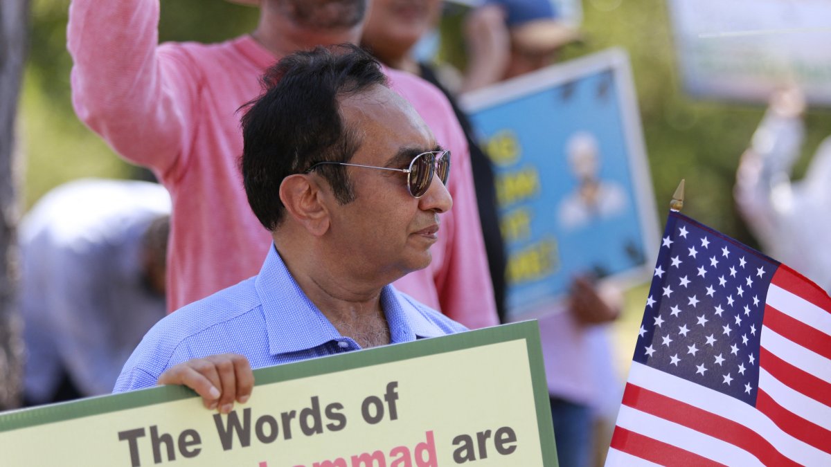 Demonstrators marche outside the Indian consulate in Houston, Texas, to protest the persecution of Muslims in India, June 24, 2023. (AFP File Photo)