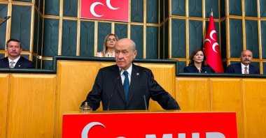 An undated photo of Devlet Bahçeli addressing the parliamentary group meeting of the Nationalist Movement Party (MHP), Ankara, Türkiye. (DHA Photo)