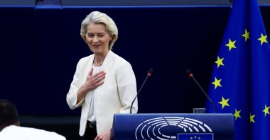 European Commission President Ursula von der Leyen reacts after delivering the State of the European Union address (SOTEU) to the European Parliament, in Strasbourg, France, Sept.16, 2026. (Reuters Photo)