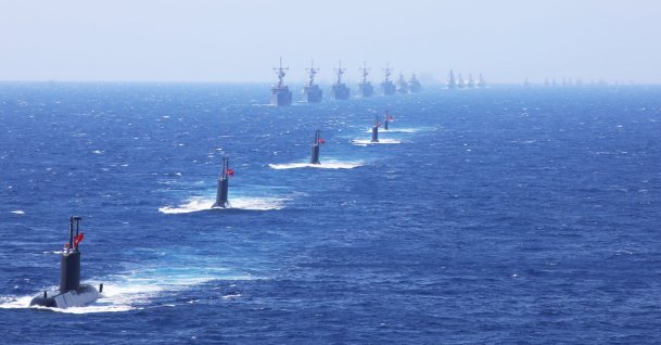 The Turkish Naval Forces perform military naval exercises off Marmaris, southwestern Türkiye, May 11, 2024. (Getty Images Photo)