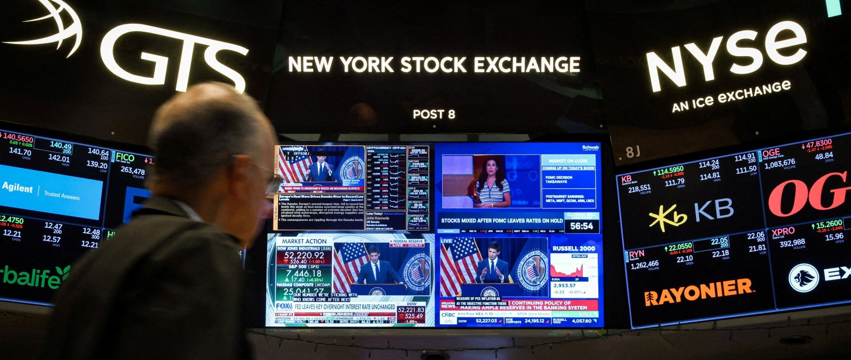 A trader works, as screens broadcast a press conference by U.S. Federal Reserve Chair Kevin Warsh following the Fed rate announcement, on the floor of the New York Stock Exchange (NYSE) in New York City, U.S., July 29, 2026. (Reuters File Photo)