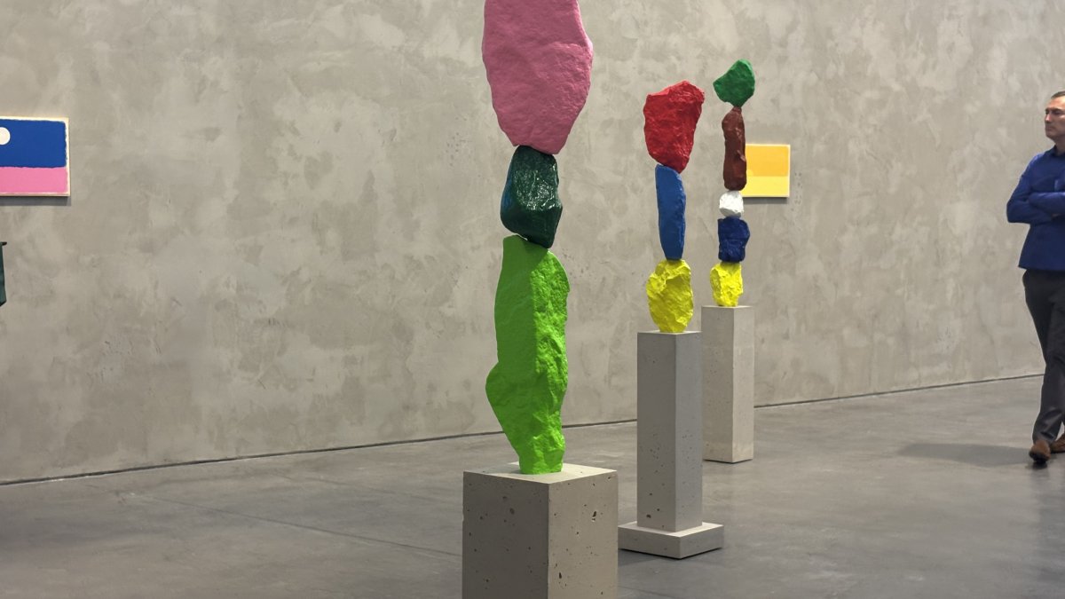 The artworks on display at the "The Sun and the Mountain” exhibition at Dirimart Dolapdere, Istanbul, Türkiye, Sept. 2, 2026. (Photo by Selen Başman)