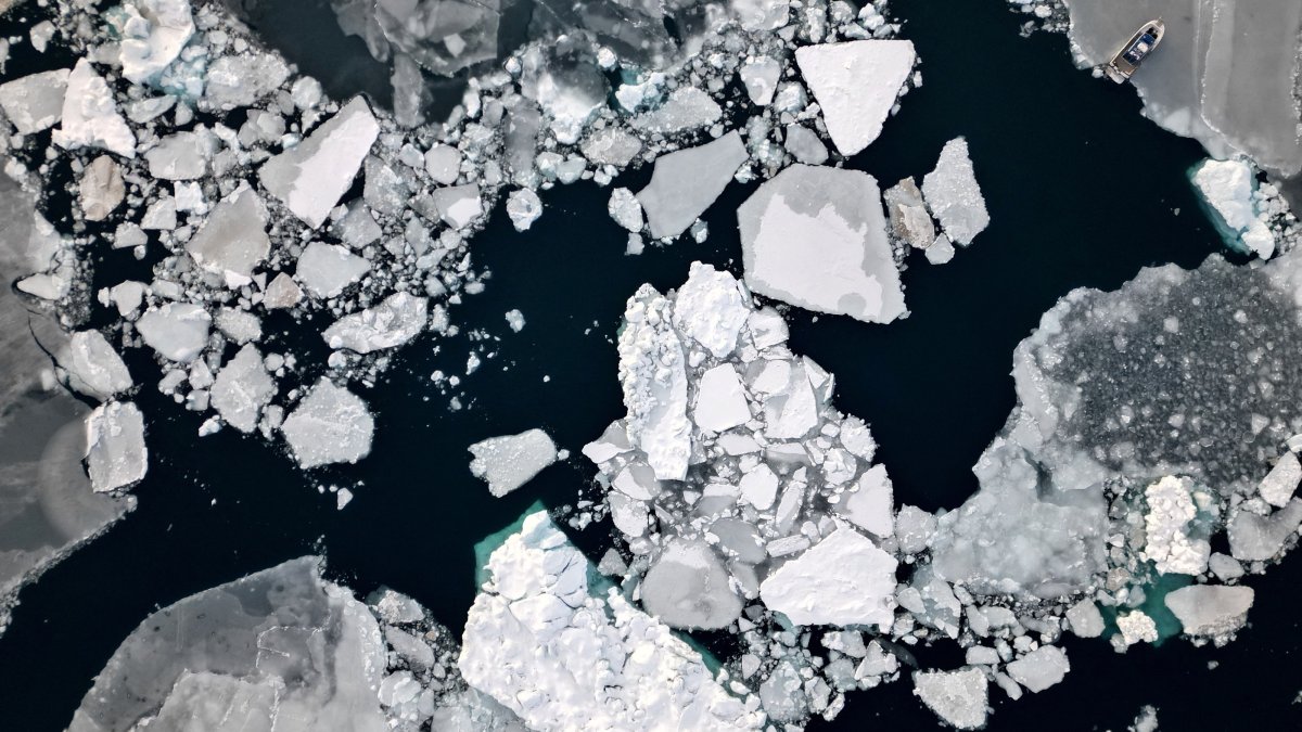 An aerial view shows ice floating in front of Sermitsiaq Island near Nuuk, Greenland, Feb. 9, 2025. (Reuters Photo)