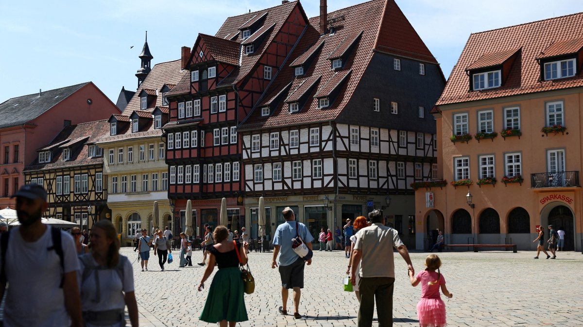 A general view of the historical central plaza with its historic half-timbered construction in Quedlinburg, Saxony-Anhalt, Germany, Aug. 4, 2026. (Reuters Photo)