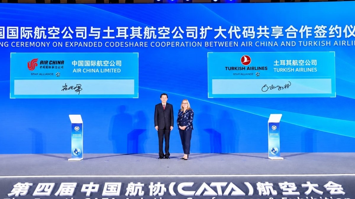 Officials attend the signing ceremony for the codeshare partnership expansion between Turkish Airlines (THY) and Air China, Beijing, China, Sept. 17, 2026. (AA Photo)