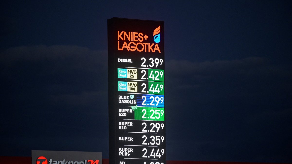 A display board shows fuel and diesel prices at a Knies Lagotka gas station, Marburg, Germany, Sept. 16, 2026. (Reuters Photo)