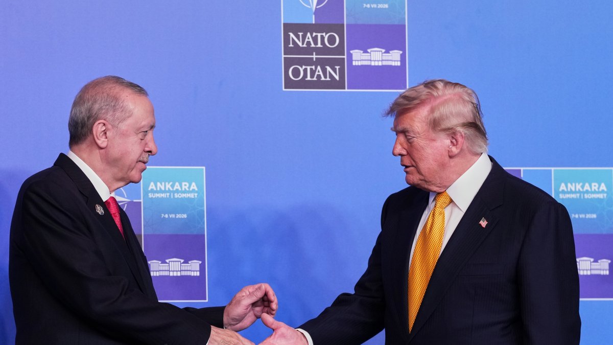 U.S. President Donald Trump is greeted by President Recep Tayyip Erdoğan as he arrives for the NATO summit, Ankara, Türkiye, July 8, 2026. (AP Photo)