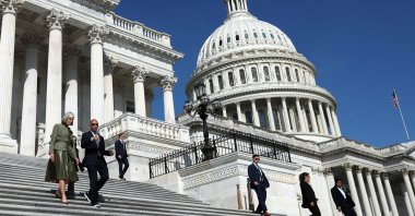 U.S. House Minority Leader Hakeem Jeffries (D-NY) walks with House Minority Whip Katherine Clark (D-MA) on the steps of the U.S. Capitol, in Washington, D.C. U.S., Sept. 16, 2026. (AFP Photo)
