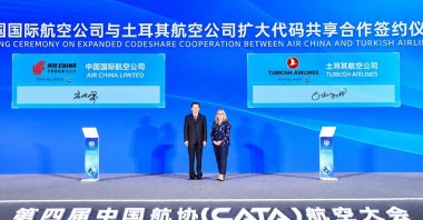Officials attend the signing ceremony for the codeshare partnership expansion between Turkish Airlines (THY) and Air China, Beijing, China, Sept. 17, 2026. (AA Photo)