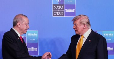 U.S. President Donald Trump is greeted by President Recep Tayyip Erdoğan as he arrives for the NATO summit, Ankara, Türkiye, July 8, 2026. (AP Photo)