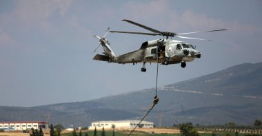 Sikorsky S-70 helicopter (Aegean Hawk) of the Hellenic Navy performs during the Athens Flying Week 2025 International Air Show at Tanagra Air Base, Viotia, central Greece, Sept. 4, 2025. (EPA Photo)