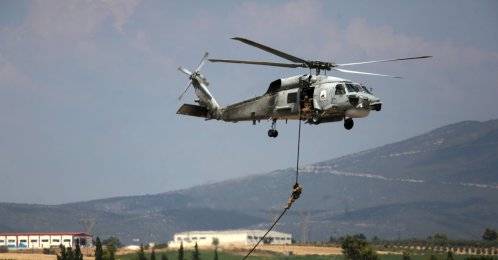 Sikorsky S-70 helicopter (Aegean Hawk) of the Hellenic Navy performs during the Athens Flying Week 2025 International Air Show at Tanagra Air Base, Viotia, central Greece, Sept. 4, 2025. (EPA Photo)