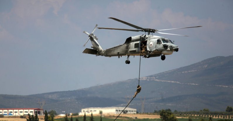 Sikorsky S-70 helicopter (Aegean Hawk) of the Hellenic Navy performs during the Athens Flying Week 2025 International Air Show at Tanagra Air Base, Viotia, central Greece, Sept. 4, 2025. (EPA Photo)