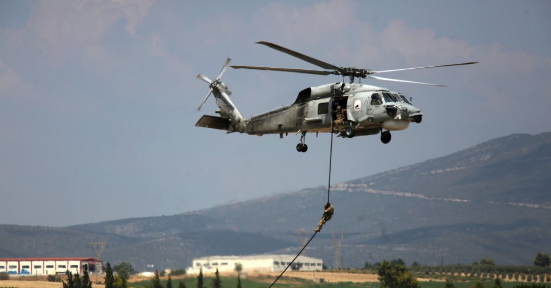 Sikorsky S-70 helicopter (Aegean Hawk) of the Hellenic Navy performs during the Athens Flying Week 2025 International Air Show at Tanagra Air Base, Viotia, central Greece, Sept. 4, 2025. (EPA Photo)