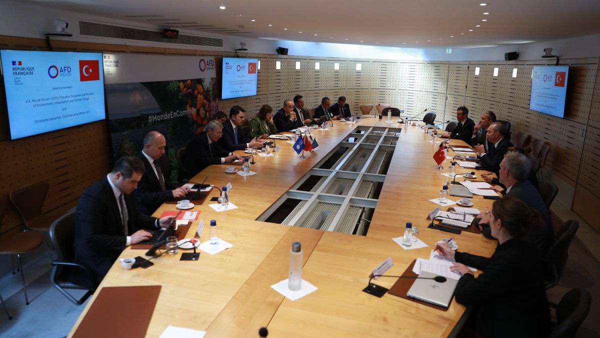 A delegation led by Environment, Urbanization and Climate Change Minister Murat Kurum (4th L) meets with a delegation led by French Development Agency (AFD) Director-General Christophe Lecourtier (4th R), Paris, France, Sept. 17, 2026. (AA Photo)