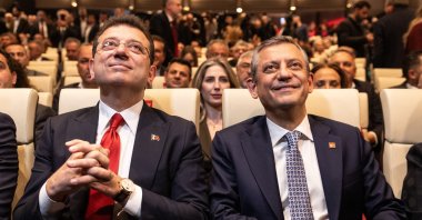 New Party Chair Özgür Özel (R) and former Istanbul Mayor Ekrem Imamoğlu attend the 2028 presidential candidate election meeting, Ankara, Türkiye, Feb. 27, 2025. (Getty Images Photo)