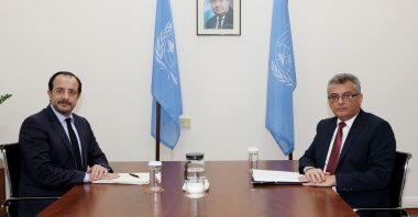 Turkish Cypriot President Tufan Erhürman meets with Greek Cypriot leader Nikos Christodoulides in the U.N.-controlled buffer zone, island of Cyprus, Sept. 17, 2026. (AA Photo)