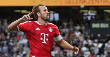 Bayern Munich's Harry Kane celebrates after scoring the 2-1 lead during the German Bundesliga match against SV Elversberg, Elversberg, Germany, Sept. 13, 2026. (EPA Photo)