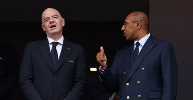 FIFA President Gianni Infantino (L) and FFF President Philippe Diallo talk during the 2026 World Cup Group I football match between France and Iraq at the Philadelphia Stadium, Philadelphia, U.S., June 22, 2026. (AFP Photo)