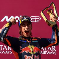 Spanish MotoGP rider Pedro Acosta of Red Bull KTM Factory Racing celebrates on the podium after winning the Austria Grand Prix in Spielberg, Austria, Sept. 20, 2026. (EPA Photo)