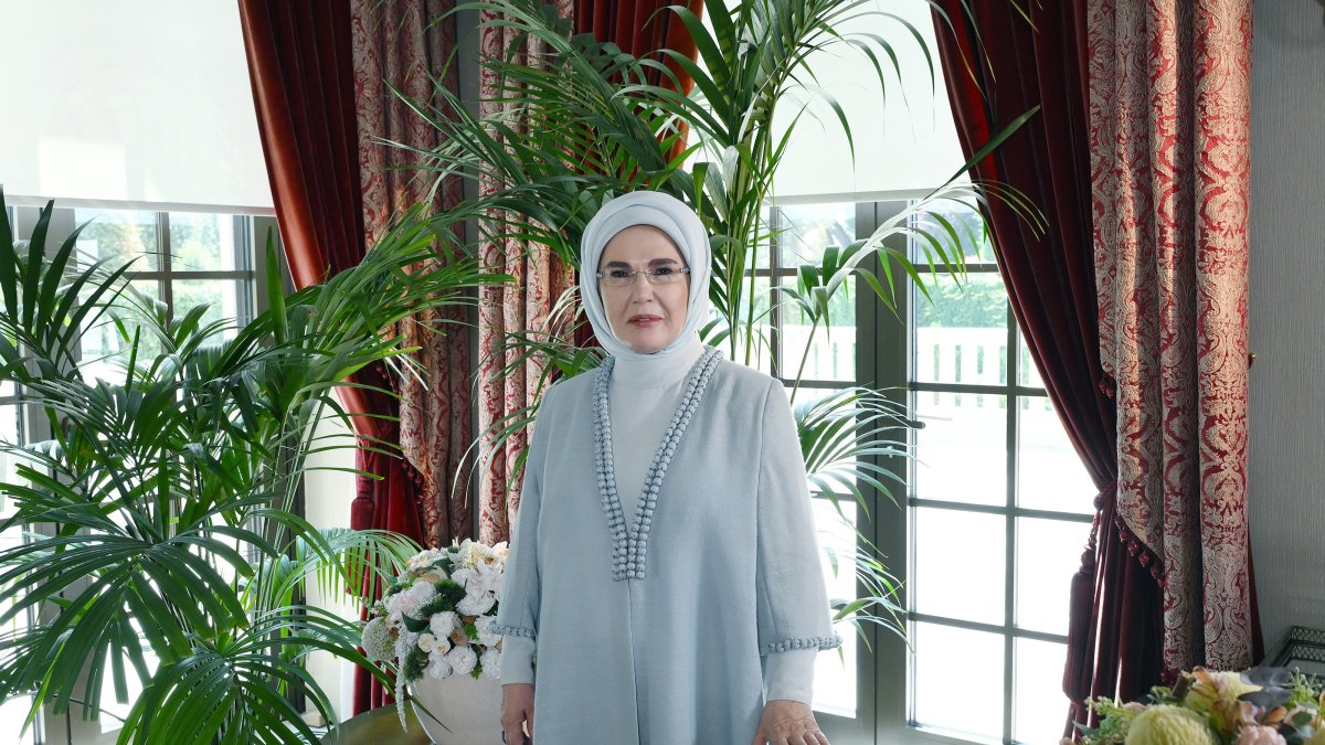 First lady Emine Erdoğan participates via video message during the 6th Summit of First Ladies and Gentlemen held in Kyiv, Ankara, Türkiye, Aug. 13, 2026. (AA Photo)