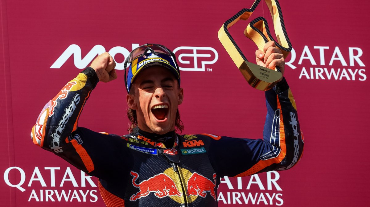 Spanish MotoGP rider Pedro Acosta of Red Bull KTM Factory Racing celebrates on the podium after winning the Austria Grand Prix in Spielberg, Austria, Sept. 20, 2026. (EPA Photo)