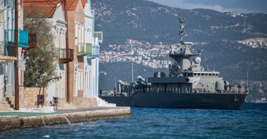Greek naval forces conduct a patrol mission around the Mediterranean island of Meis (Kastellorizo), one of the easternmost islands in Greece, 3 km from the southern coast of Kaş, Türkiye, Dec. 30, 2022. (Getty Images Photo)